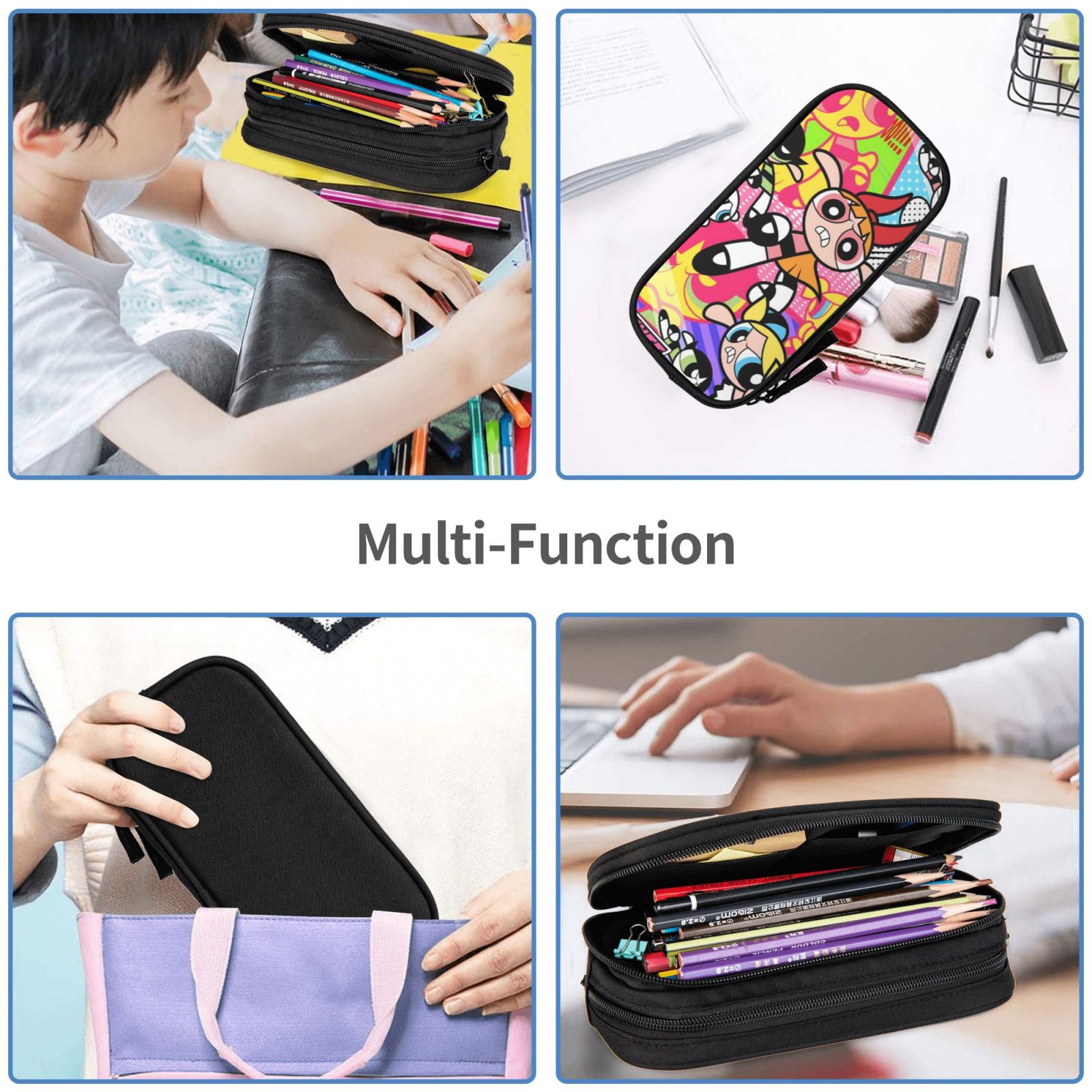 The Powerpuff Gi-rls Pencil Case Large Capacity Pencil Pouch Penbag Office Stationery Organizer Travel Makeup Bag Black
