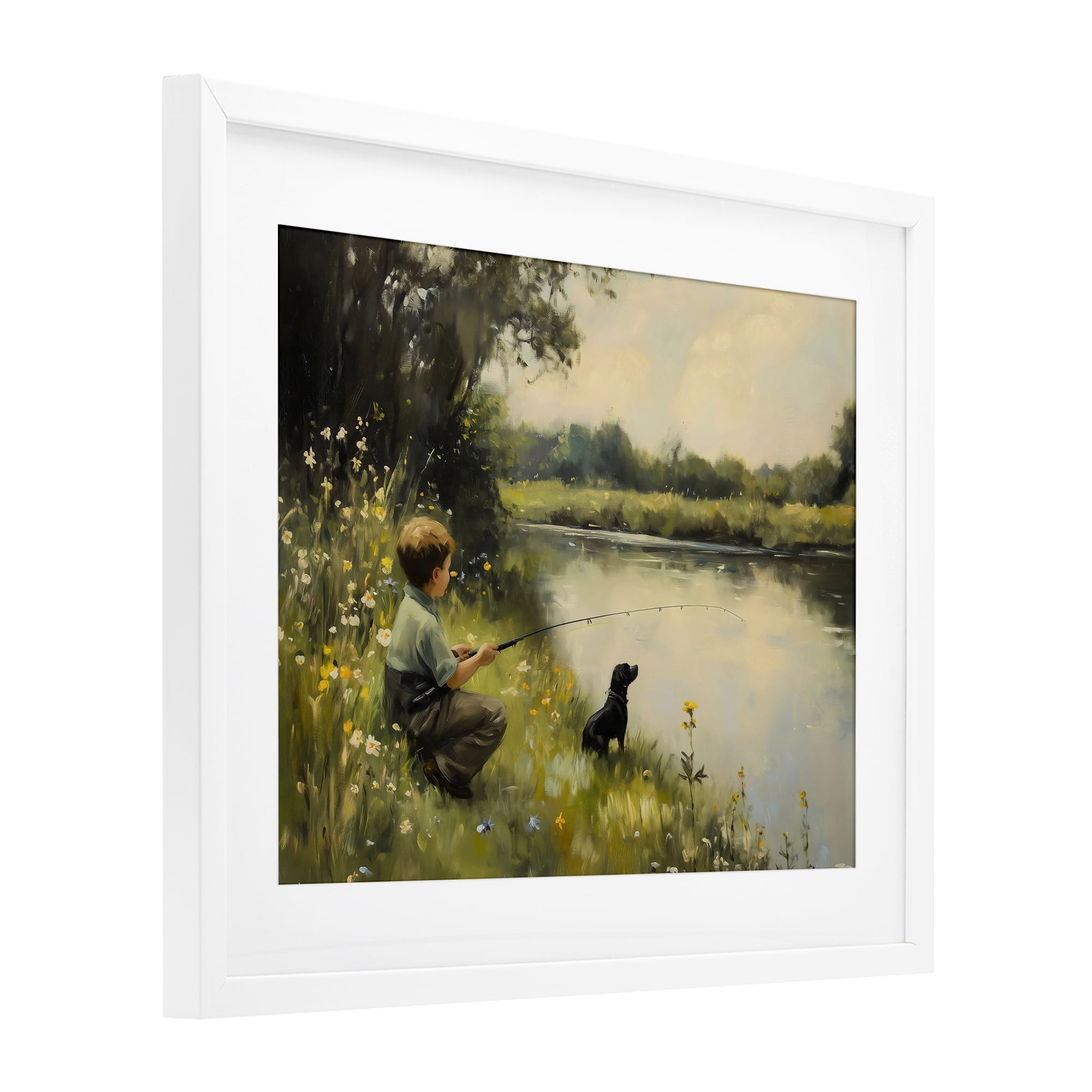 Boy & Puppy Fishing White Framed Print Under Glass, design by Arlington Prints
