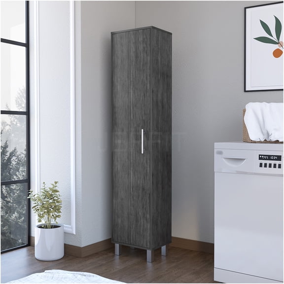 JERFIT 5-Tier Storage Cabinet, Gray Laundry Organizer with Door, Engineered Wood Utility Locker for Bathroom, Kitchen, Entryway
