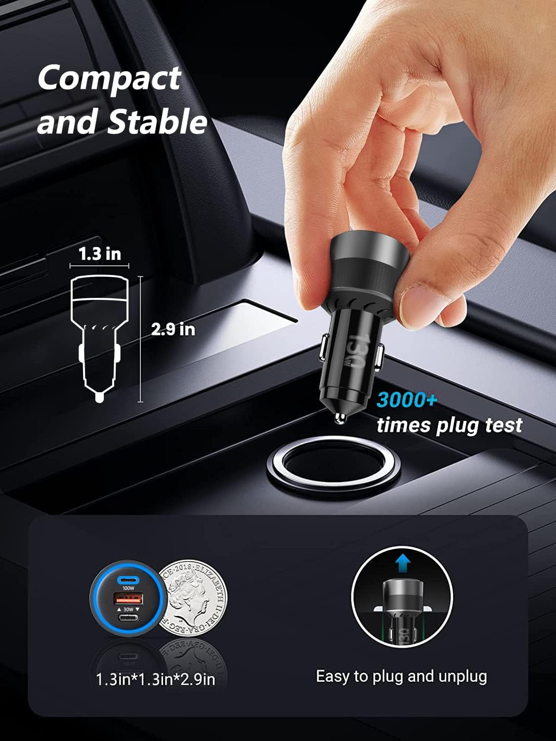 130W USB C Car Fast Charger with 100W Cable,PD 100W PPS 45W QC5 30W Cigarette Lighter Type C Charger for iPad Pro MacBook Pro Air Laptop iPhone 15 14 13 Pro Max Plus Samsung S23 Ultra S22 S21
