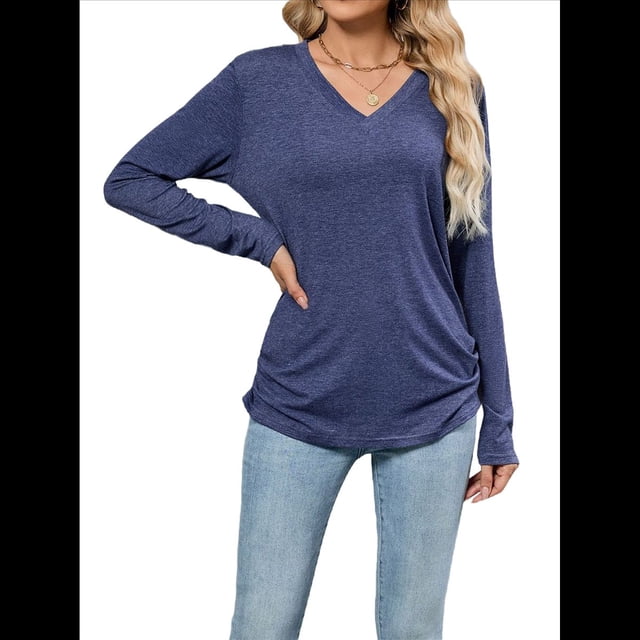 Camisetas de Mujer con Cuello en V, Larga, Informales, Básicas, Lisas y Suaves Azul Marino L