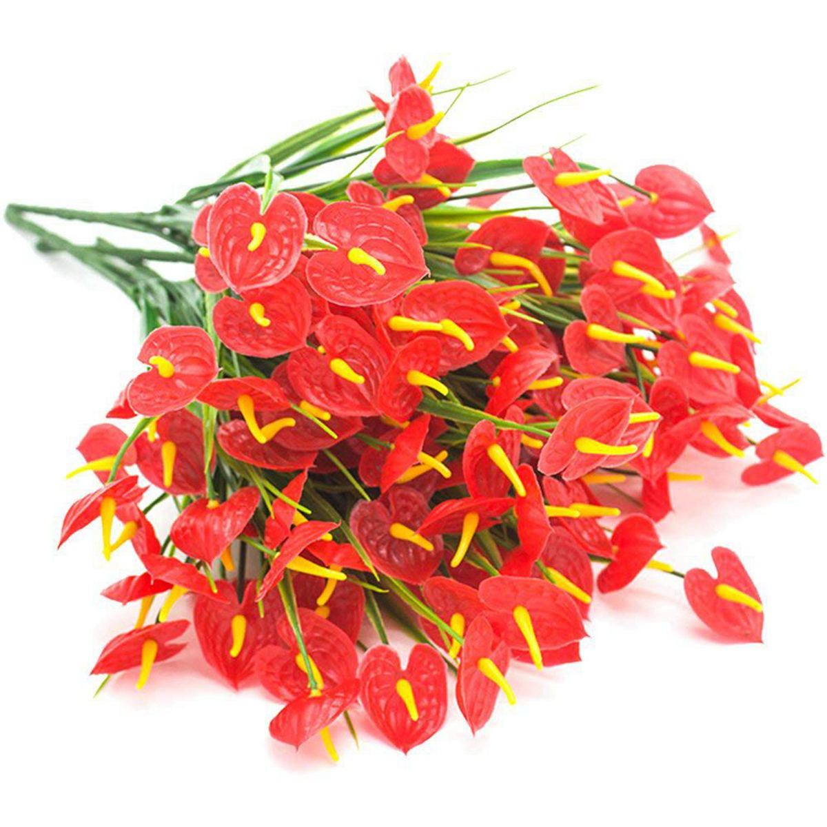 12 Bunches Artificial Fake Flowers Faux Anthurium Plants Plastic Shrubs Bushes Greenery Indoor Outside Hanging Planter