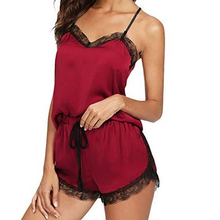 

TANGNADE Women Sleepwear Sleeveless Strap Nightwear Lace Trim Satin Cami Top Pajama Sets Wine + XL