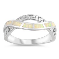 CHOOSE YOUR COLOR White Simulated Opal Greek Key Criss Cross Knot Ring Sterling Silver Band CZ Female Size 8