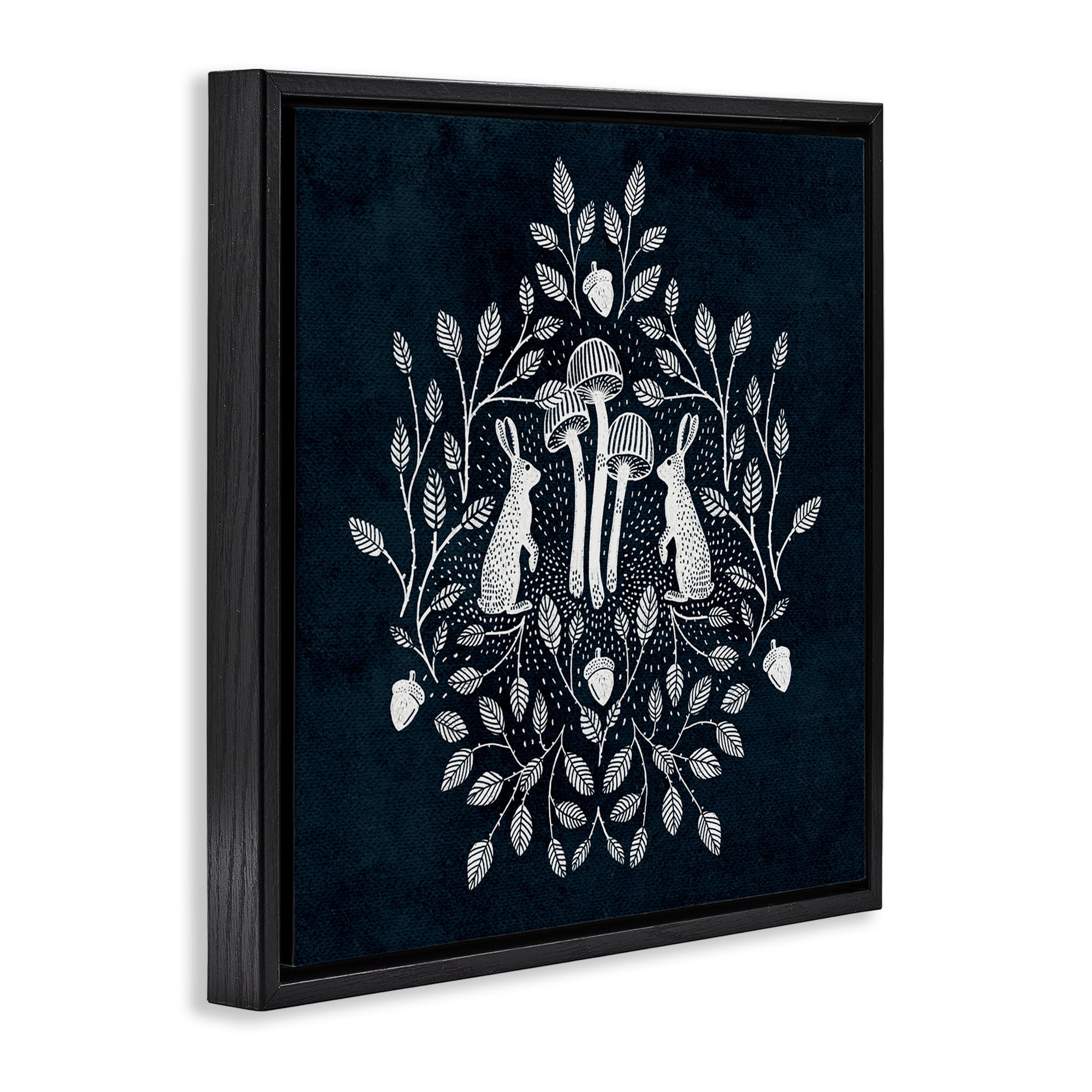 Stupell Industries Rabbits & Leaves on Blue Plants & Flowers Painting Black Floater Framed Canvas Art Print Wall Art, 18 x 18