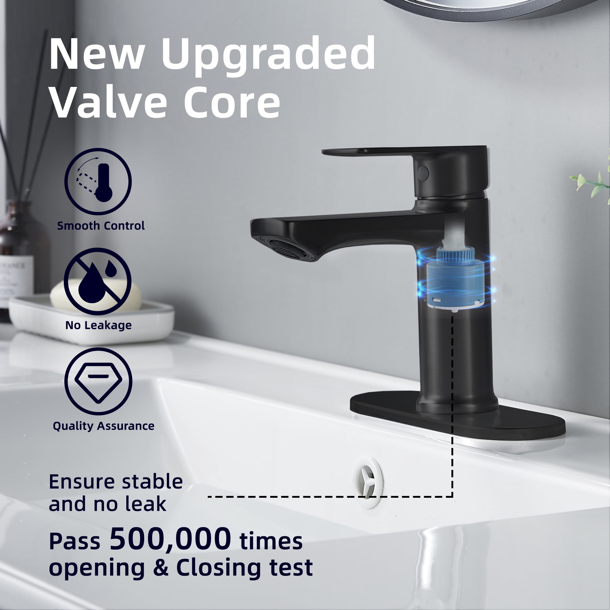 BELZ Bathroom Faucet Modern Single Handle One Hole Bath Vanity Sink Faucets with Pop Up Drain and Deck Plate for 1 or 3 Holes, Black