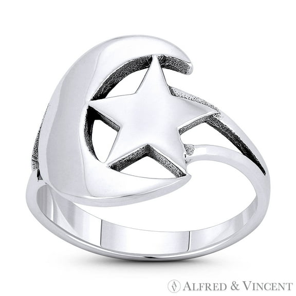Crescent Moon & Star Turkish Emblem Islam & Muslim Religious Symbol Right-Hand Statement Ring in Oxidized .925 Sterling Silver