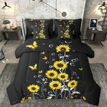 Homewish Country Sunflower Flower 7-Piece Twin Bedding Sets,Cute Cartoon Butterfly Bedding Comforter Set,Yellow Black Sheet Sets For Girls Kids,Breathable Home Decor Reversible