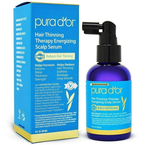 PURA D'OR Hair Thinning Therapy Energizing Scalp Serum Revitalizer (4oz) with Argan Oil, Biotin, Caffeine, Stem Cell, Catalase & DHT Blockers, All Hair Types, Men & Women (Packaging may vary)