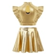 thumbnail image 3 of Hansber Girls Jazz Dance Dress 2-Piece Cheerleading Outfit Shiny Metallic Flutter Sleeve Crop Top with Skirt Set Gold 14, 3 of 7