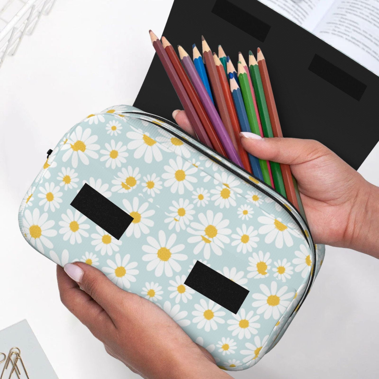 Rateoe Daisies Flowers Pattern Double Clamshell Pen Case, Storage Organizer with Two Zipper Compartments– Holds Up to 50 Pencils & Pens