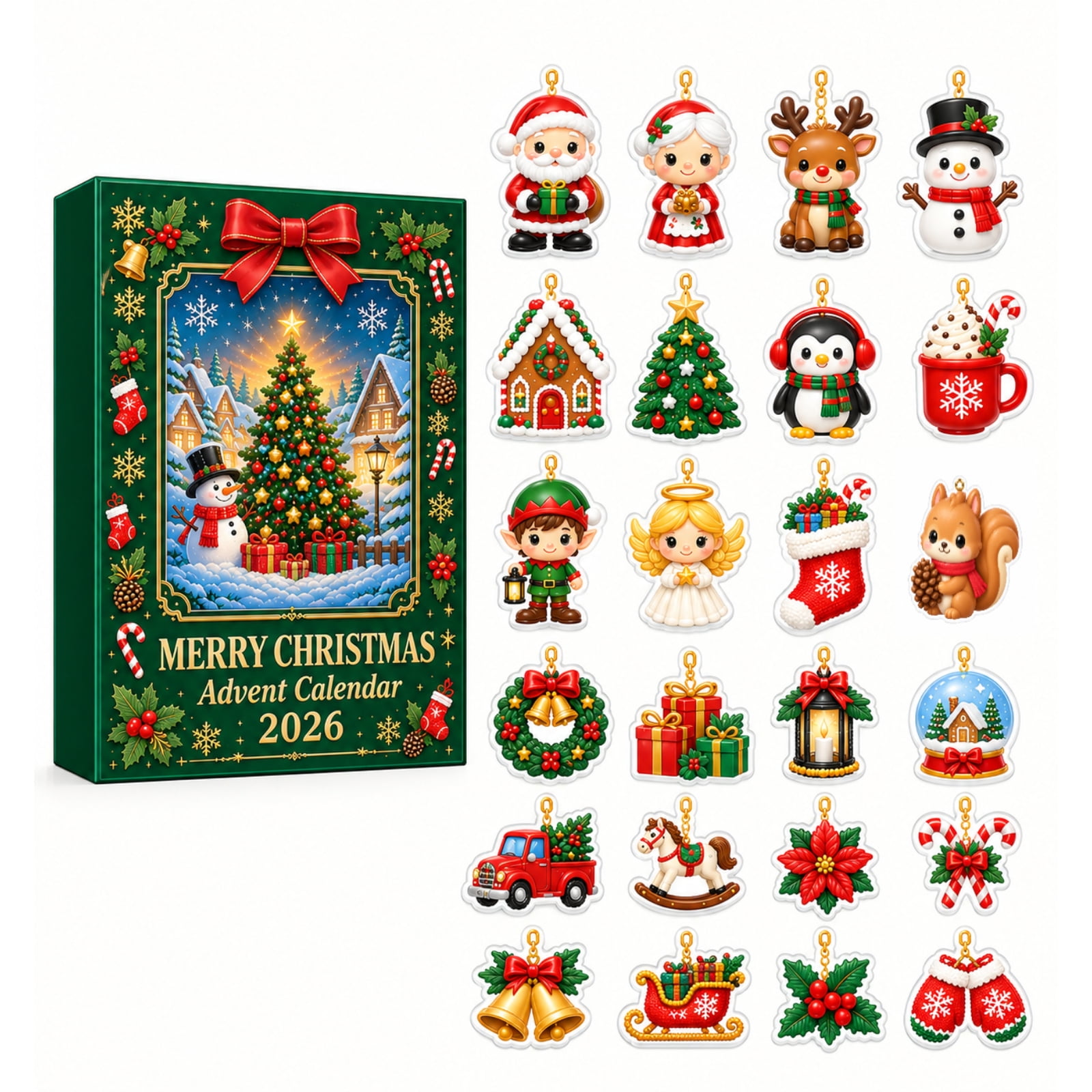 2026 Christmas Advent Calendar 24Pcs 2D Flat Acrylic Hanging Ornaments Xmas Tree Decorations Countdown Blind Box Gift for Kids Family Christmas Party