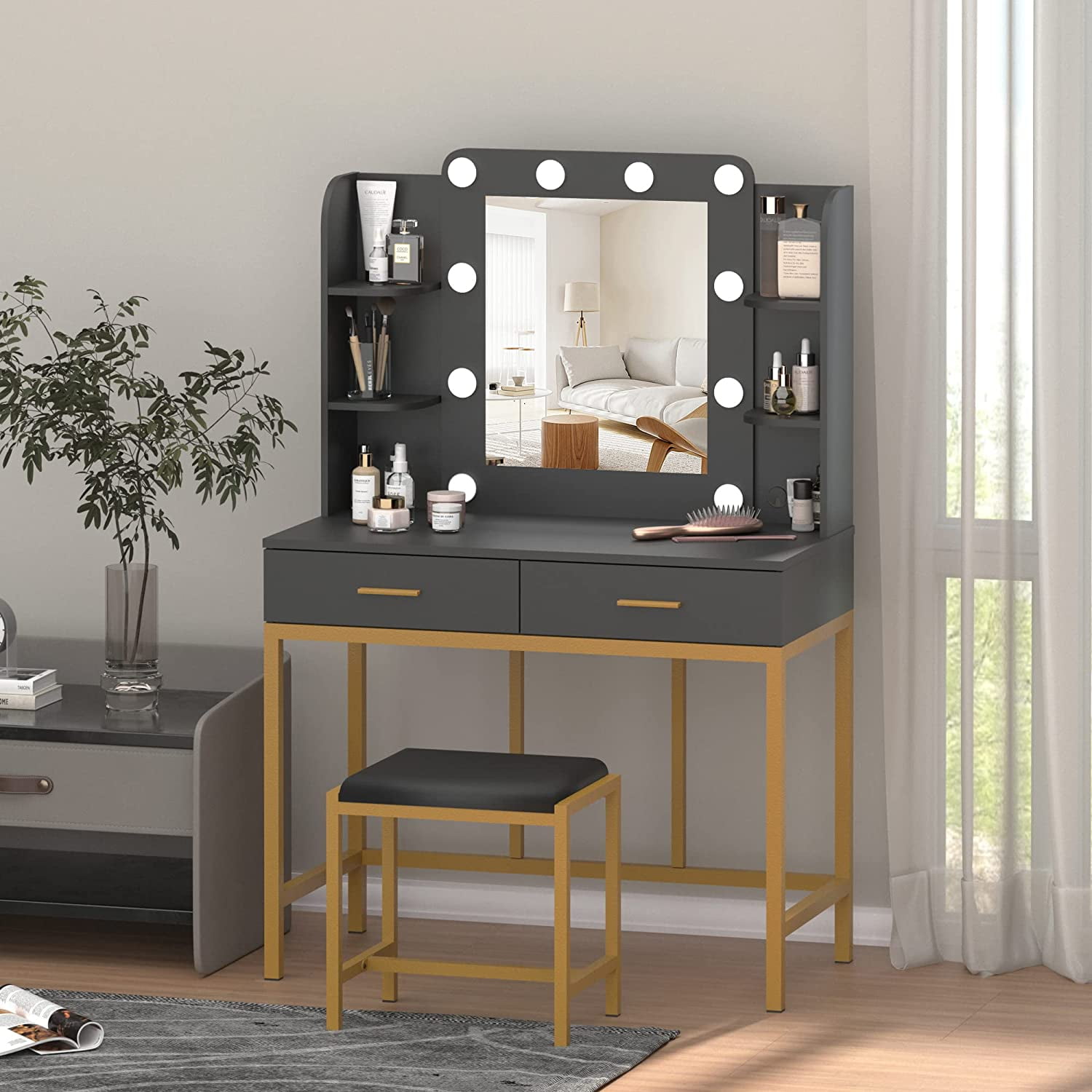 Black Vanity Table Set with Mirror, Morden Makeup Vanities Desk with 