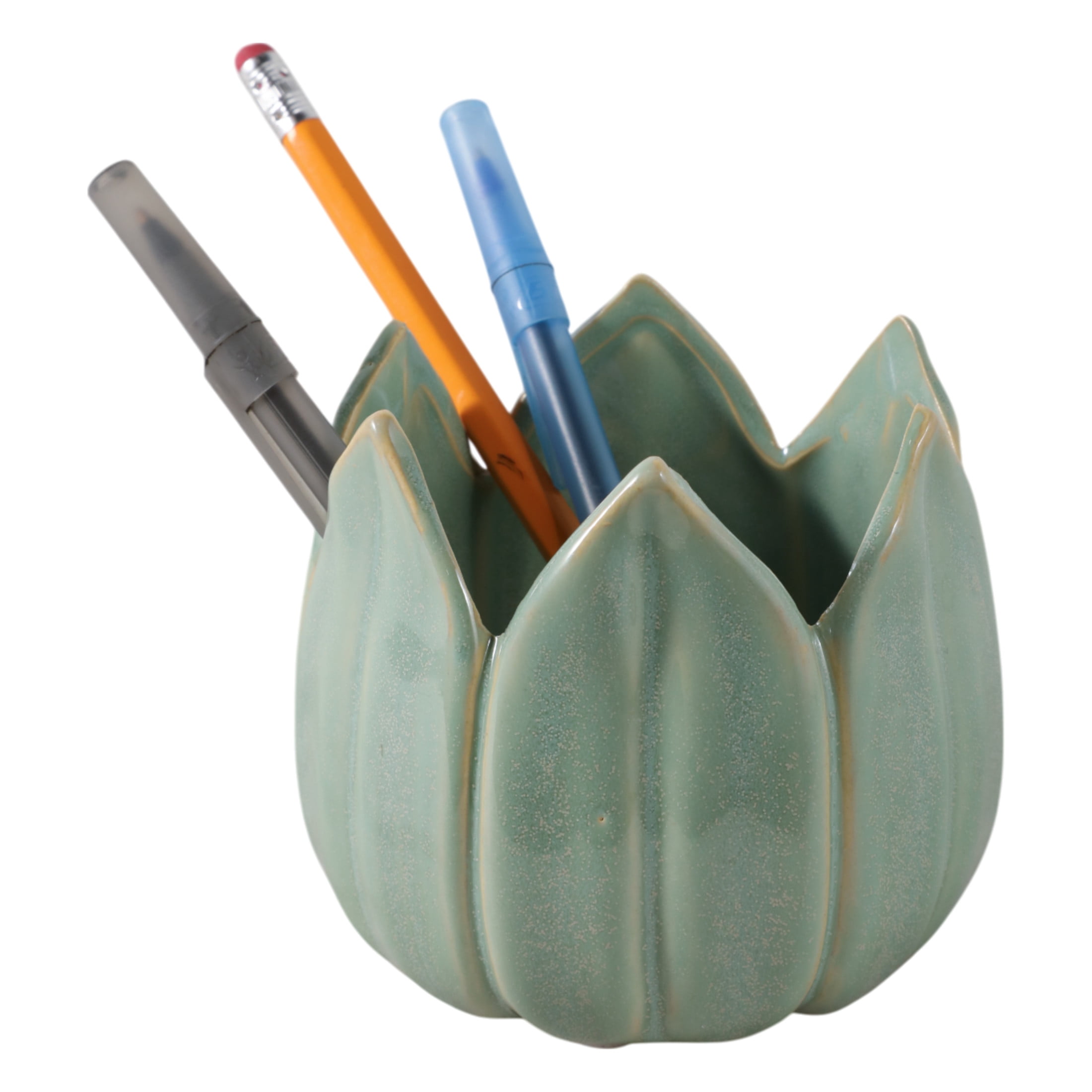 Decorative Ceramic Tulip Desk Organizer for Home Decor - Cute Office Accessory Decor for Small Desk Storage or Workspace Supplies - Stylish Destop Organizer for Bedroom or Bathroom - 4", Green