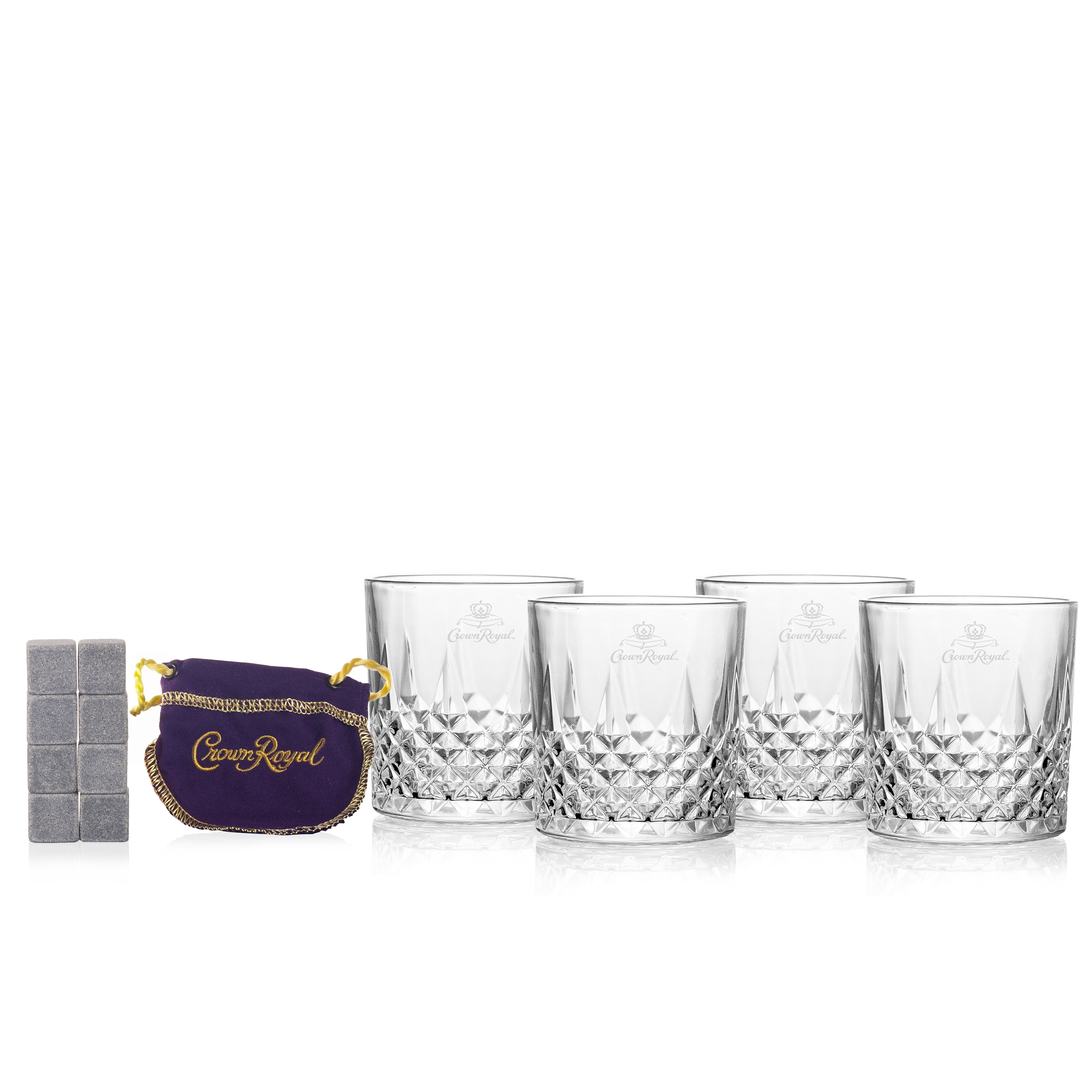 Crown Royal Whisky Stones Set, 8 Chilling Rocks, 4 Glasses With Velvet Bag