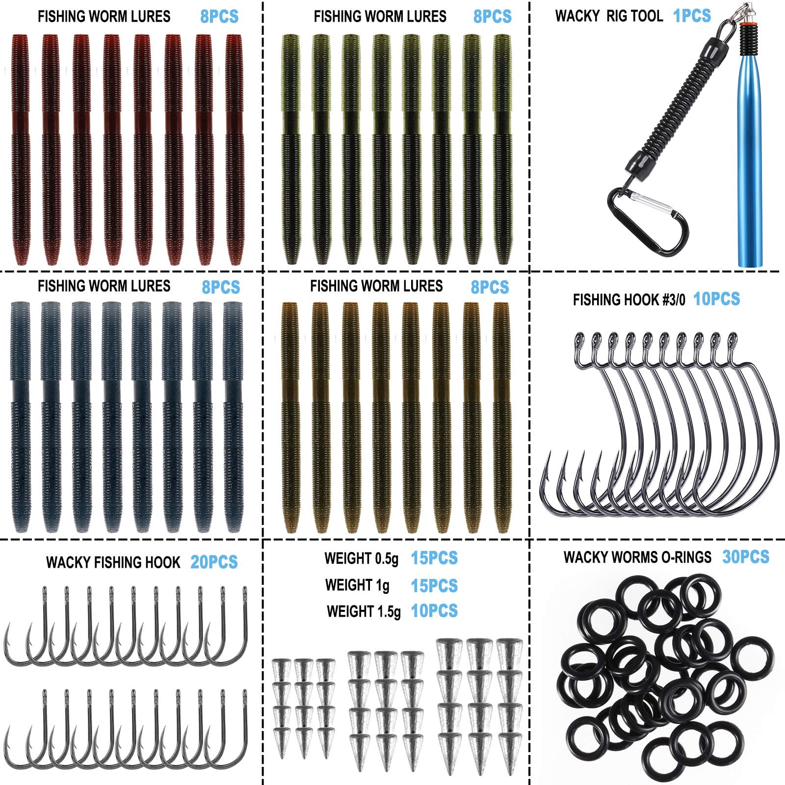 Wacky Worm Fishing Lure Kit  Soft Plastic Lures Grub Baits Hook Rig Bass Trout Worms W/tackle Box
