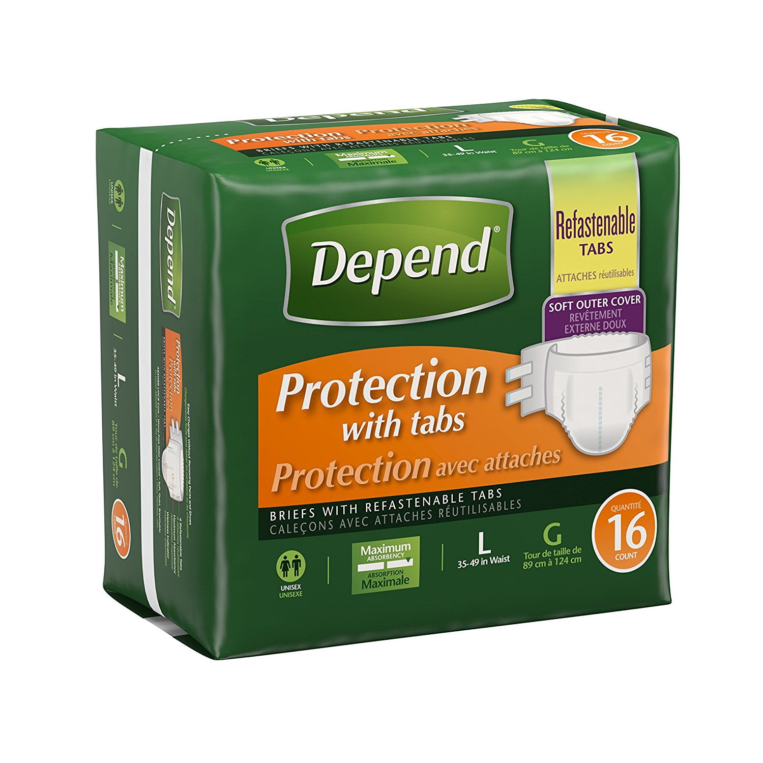 Depend Maximum Protection Incontinent Brief, White, Large, 16 Ct