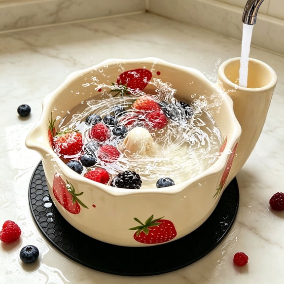 Self-Spinning Berry Washing Bowl,Glazed Ceramic Berry Bowl with Raised Center and Drainage Holes,Fruit Rinse Colander for Strawberries,Blueberries,Grapes,Cherry Tomatoes and Small Produce