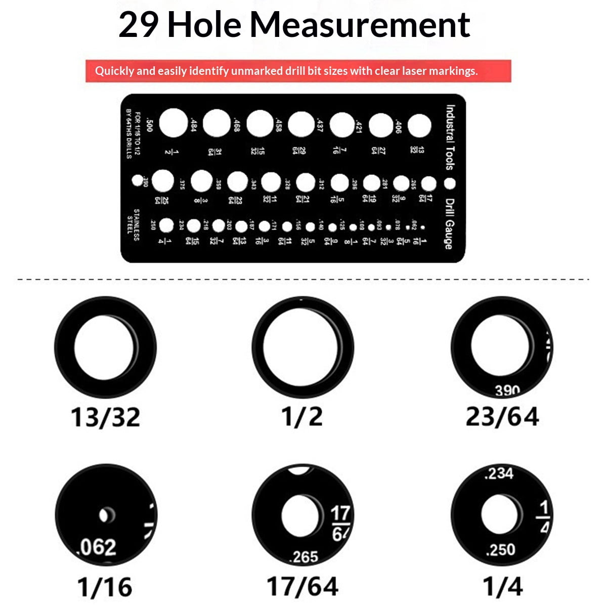 2 Pieces Drill Bit Size Gauge Drill Bit Guide Stainless Steel Drill Gauge 29 Holes Drill Size Gauge Tool for 1/16 Inch to 1/2 Inch Size Bits Measurement, 1pc Black + 1pc Silver