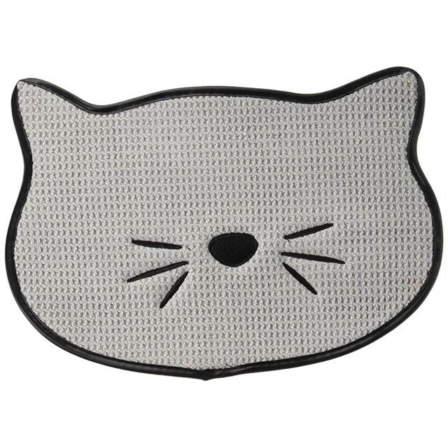 Bone Dry Embroidered Microfiber Cat Shape Pet Food & Water Placemat-Gray