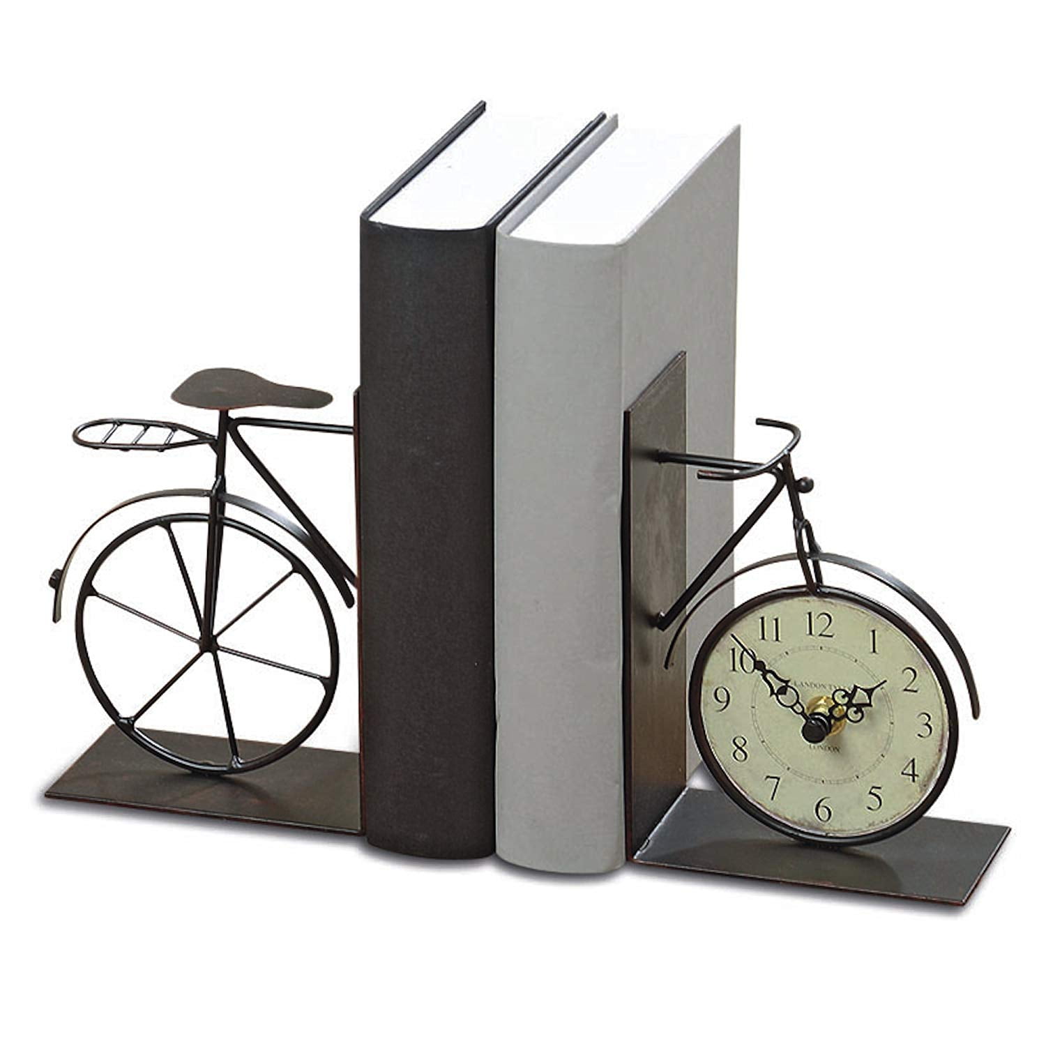 Handcrafted of Bent and Welded Black Iron 1 AA Battery The Industrial Chic Bicycle Bookends with Analog Clock Set of 2 Not Included Combined 22 cm Long 