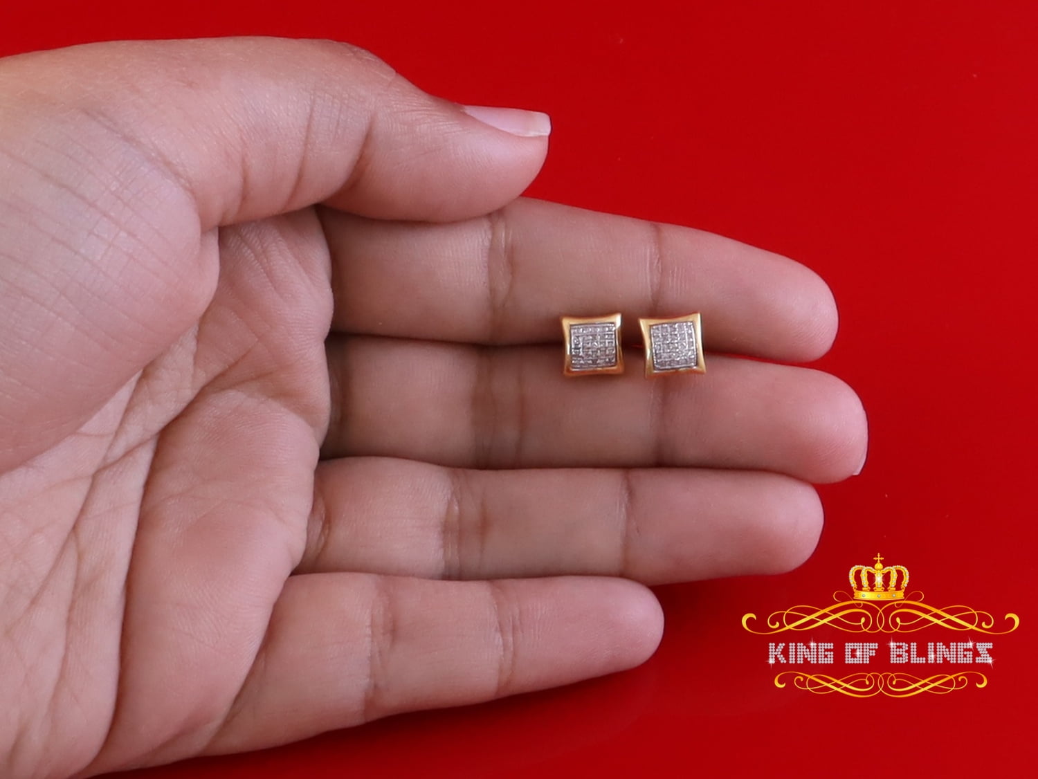 King of Bling's Real 0.15ct Gold Diamond 10K Yellow Square Stud Earrings For Women And Men