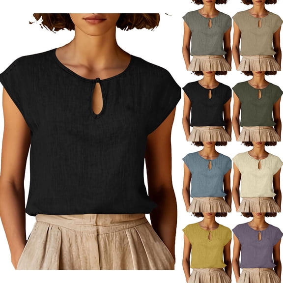 Women's Summer Solid Color Cotton Linen Casual V Neck Tank Tops Cap Sleeve Loose Fit Blouses Tunic Shirts Yellow