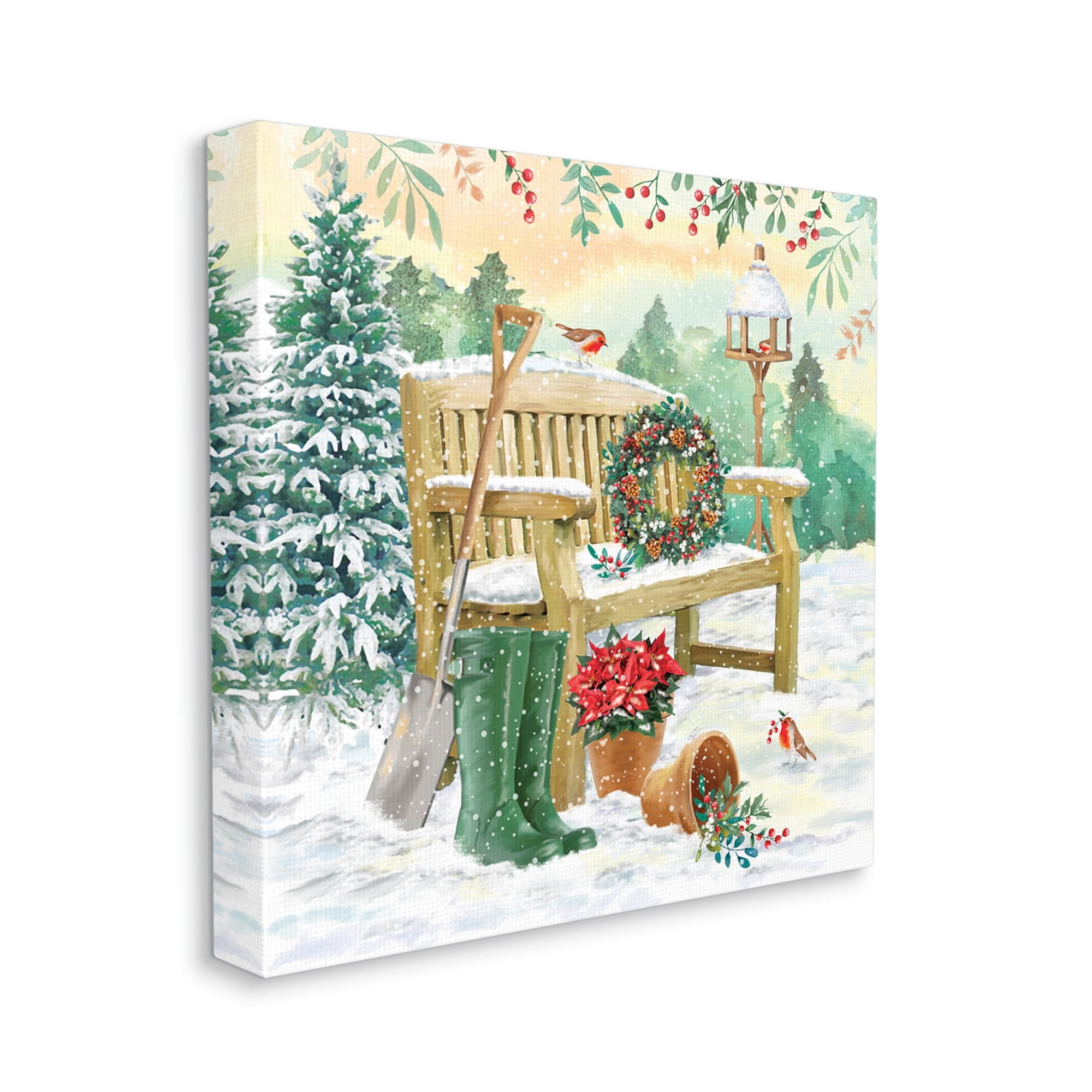 Stupell Industries Snowy Bench Seasonal Holly Plants Holiday Painting Gallery Wrapped Canvas Print Wall Art