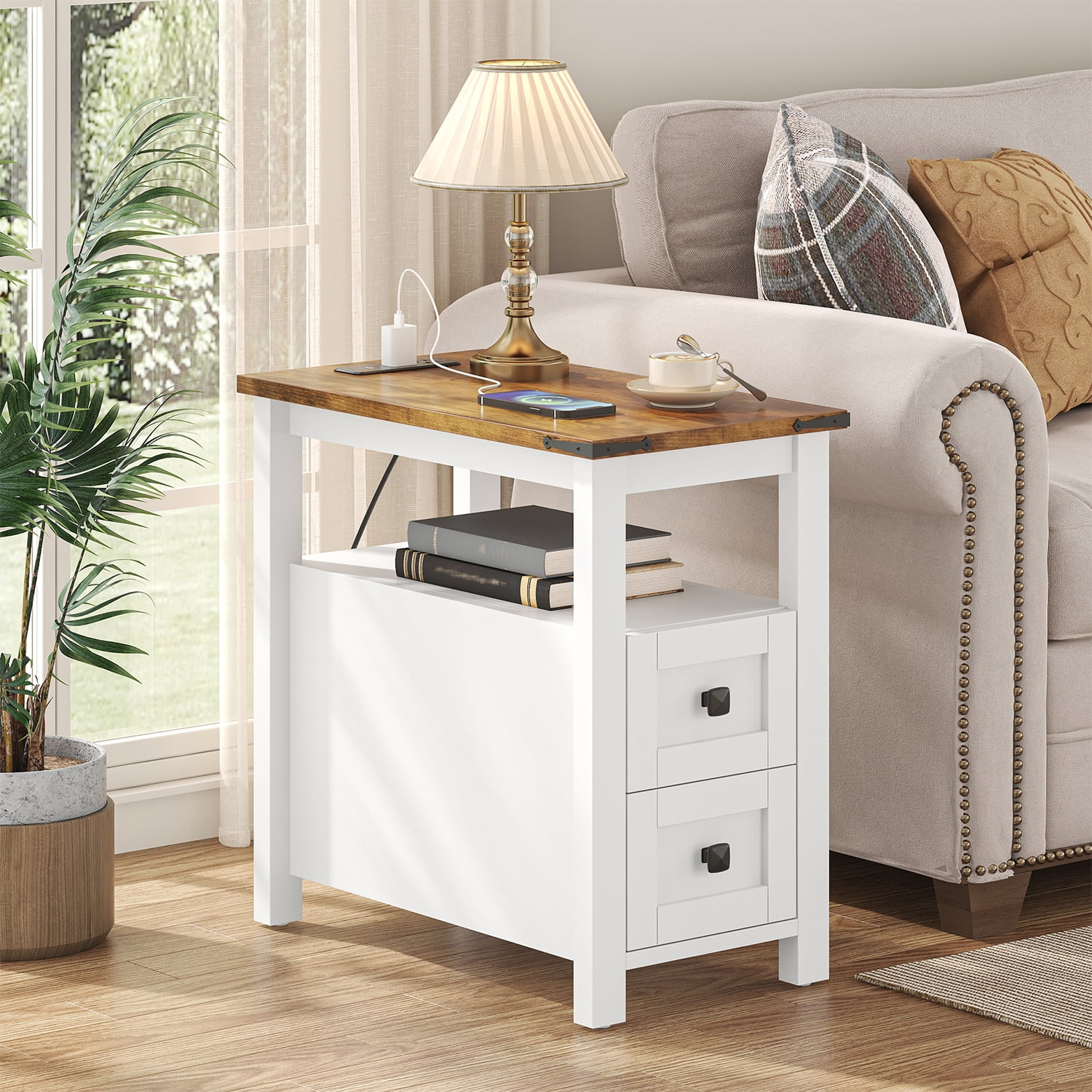 Winkalon Modern Farmhouse 2-Drawer Nightstand with Charging Station for Home Bedroom Living Room, Rustic Metal Wood End Table, Side Table,White