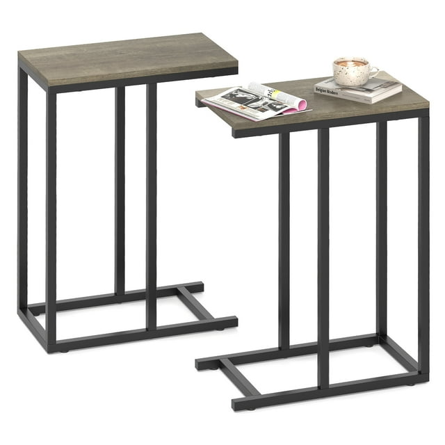 Gymax C-shaped End Table Modern Sofa Side Table w/ Adjustable Foot Pads Rustic Gray & Black
