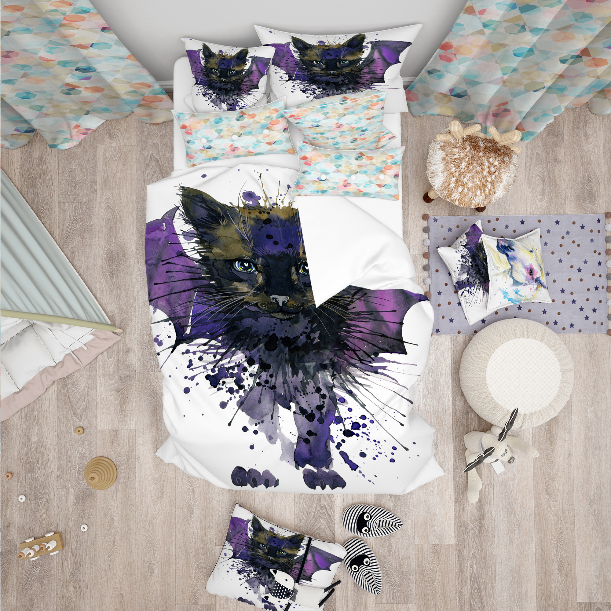 Designart 'Black Cat with Blue Wings' Modern & Contemporary Duvet Cover Set