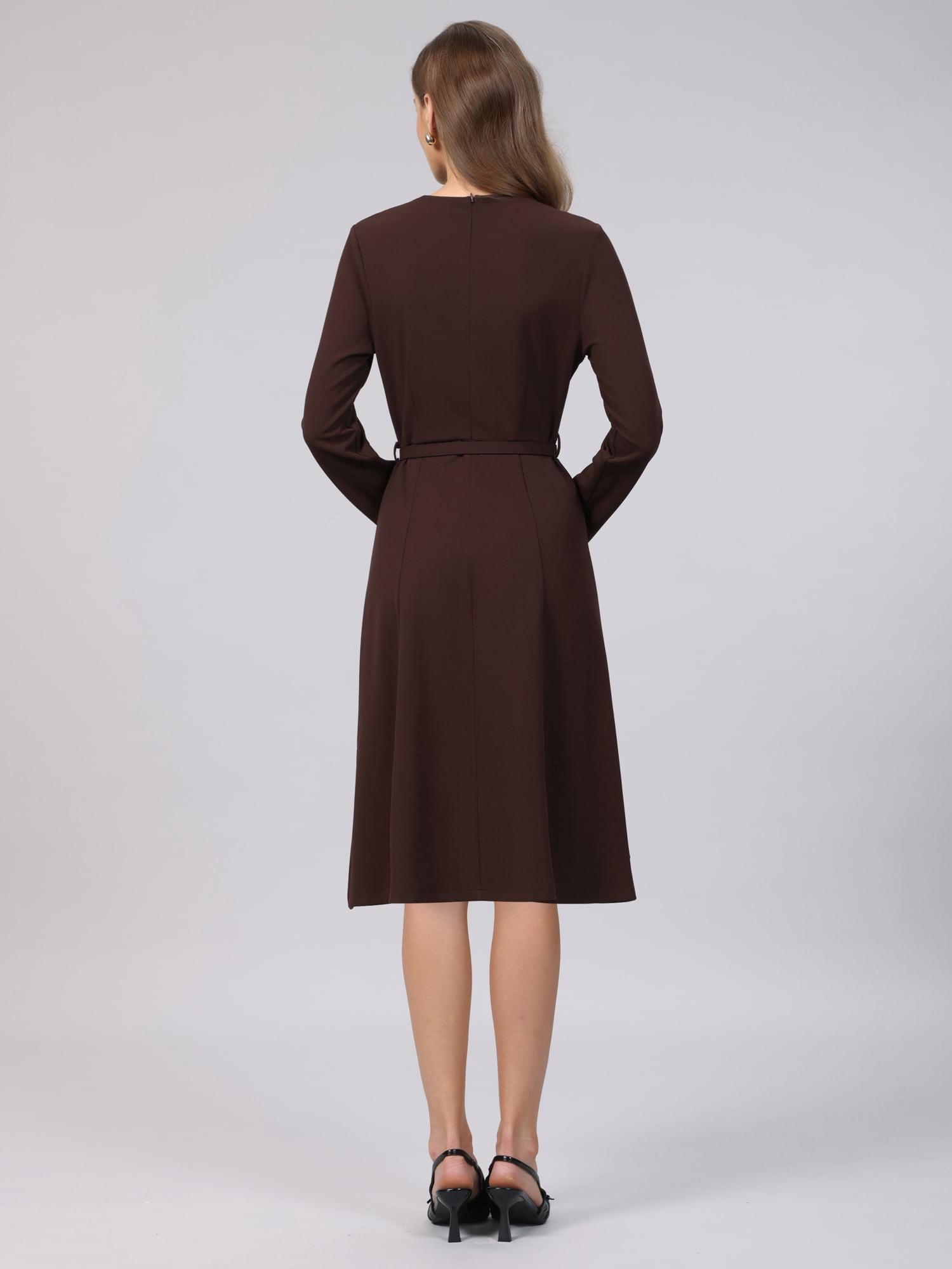 DARING DIVA Women's A-Line Work Lapel V Neck Long Sleeve Flare Dress L Dark Brown