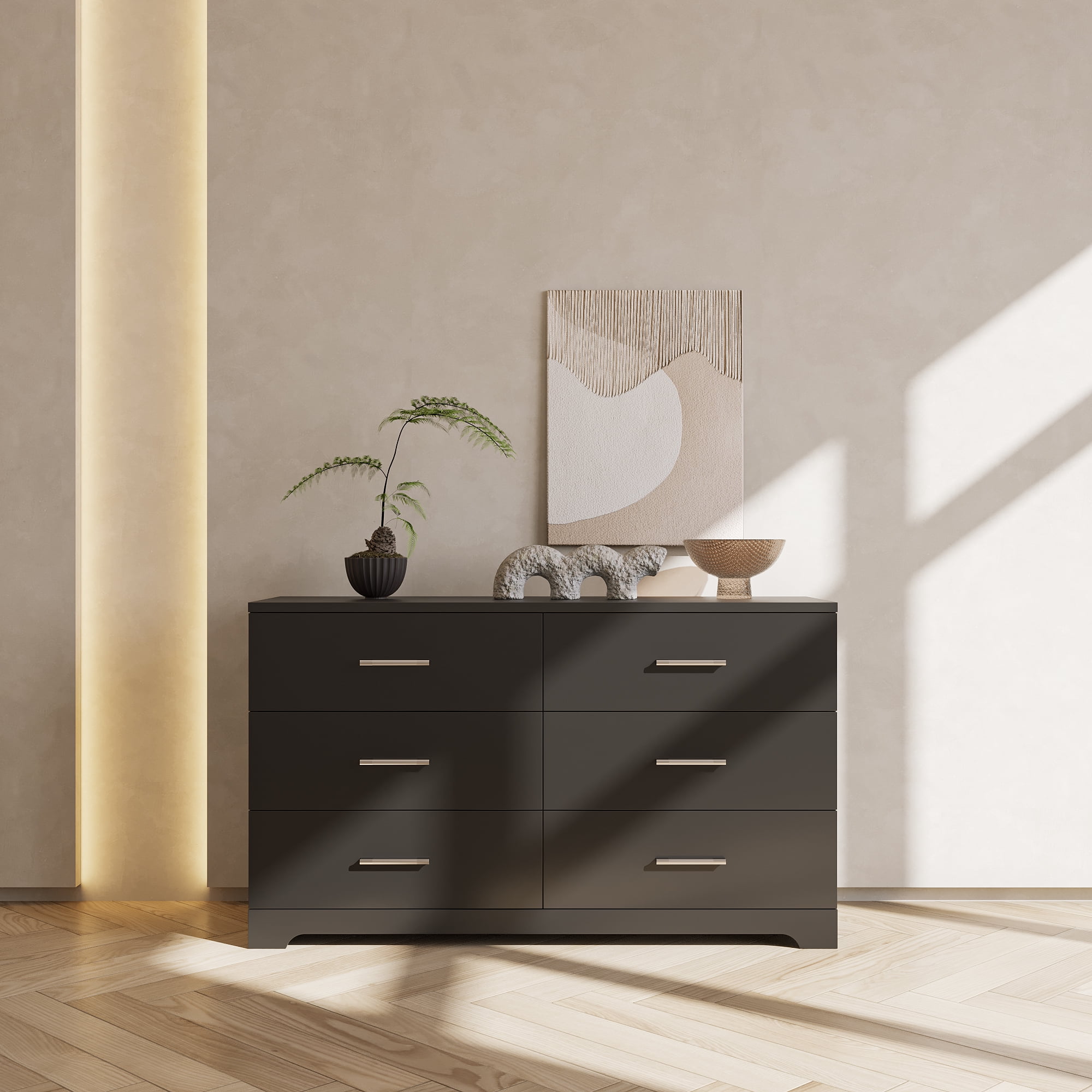Ktaxon Bedroom Dresser with 6 Drawers, Wooden Double Dresser for Entryway, Wide Storage Cabinet for Living Room, Black