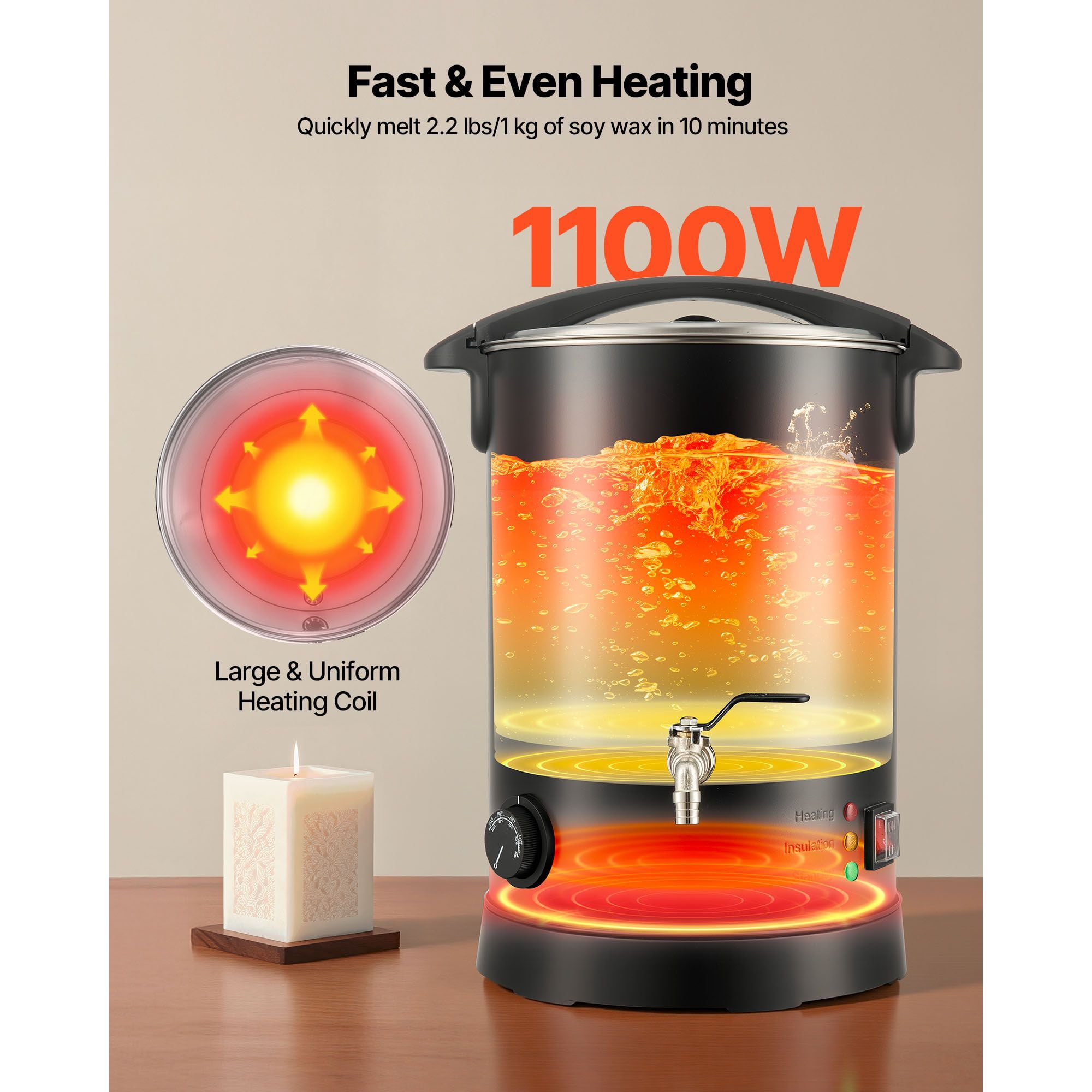 Dranite Deluxe Wax Melter Kit for Candle Making Enthusiasts, 10.6 Quart Pot with Smart Temperature Management, Even Heat, Easy-Clean Hourglass Base & Seamless Pouring Spout for Professional Results