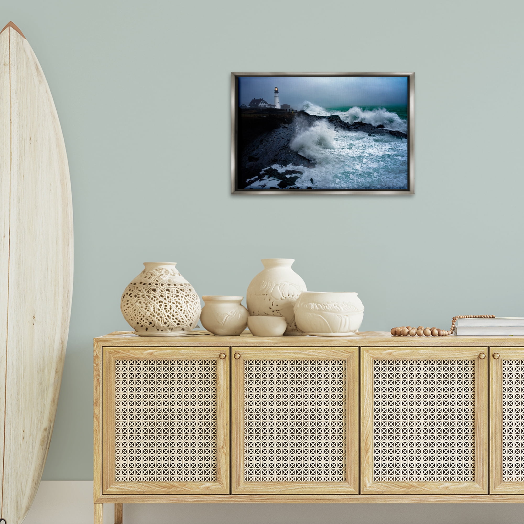 Stupell Industries Splashing Waters with Lighthouse Nautical & Beach Photography Gray Floater Framed Canvas Art Print Wall Art, 25 x 17
