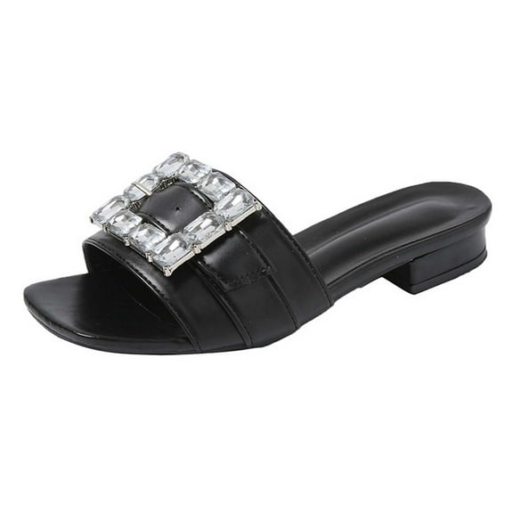 Xfvqtps Slide Sandals Women Low Heel Square Rhinestone Decoration Open Square Toe Non Slip Breathable Summer Beach Sandals Black