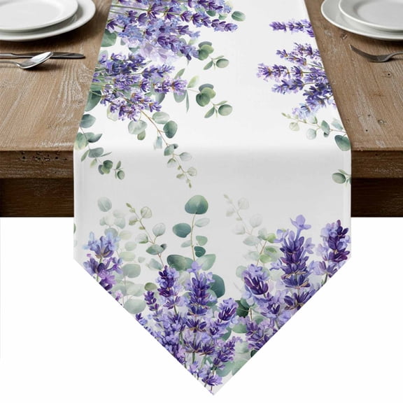 Eucalyptus Lavender Table Runner Linen Burlap Table Runner 60 Inches Long Botanical Watercolor Flowers Leaves Dresser Scarves for Kitchen Island Coffee Dining Party Wedding Holiday Decor 13"x60"