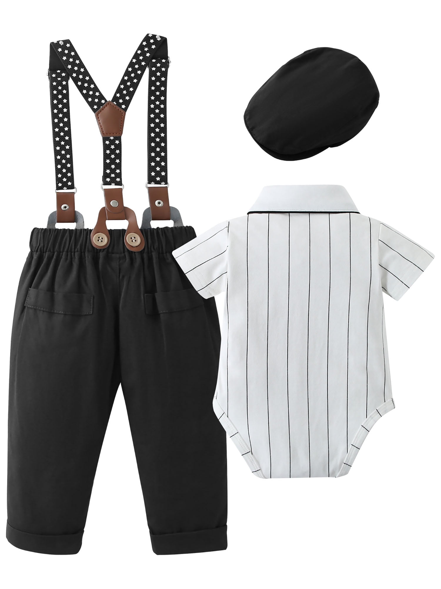 CARETOO Baby Boy Clothes Suits Gentleman Dress Romper Beret Hat Suspender Pants Bow Tie Outfit 0-18M