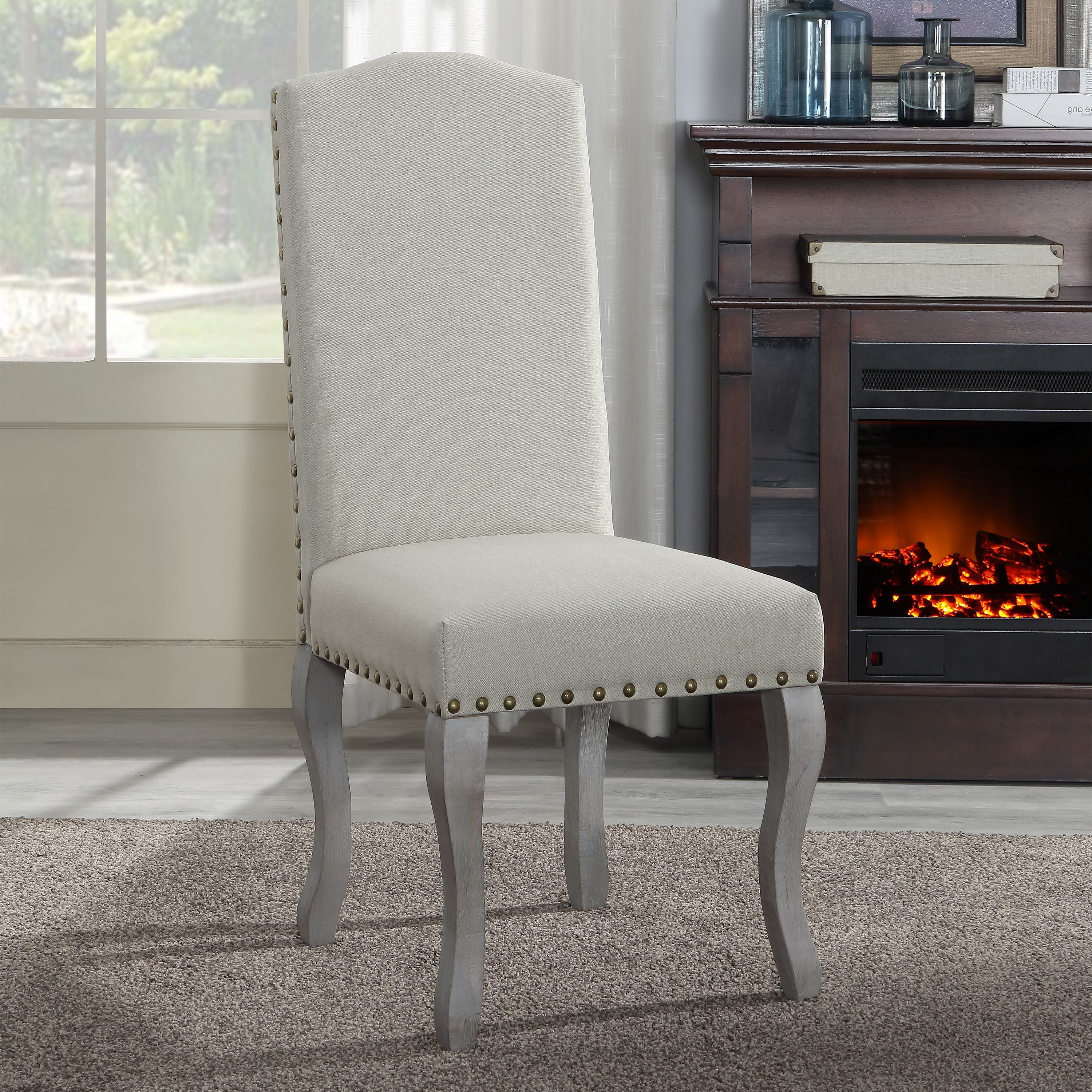 Nancy Victorian Nail Head Accented Light Beige Fabric Accent Dining Chair, Set of 2