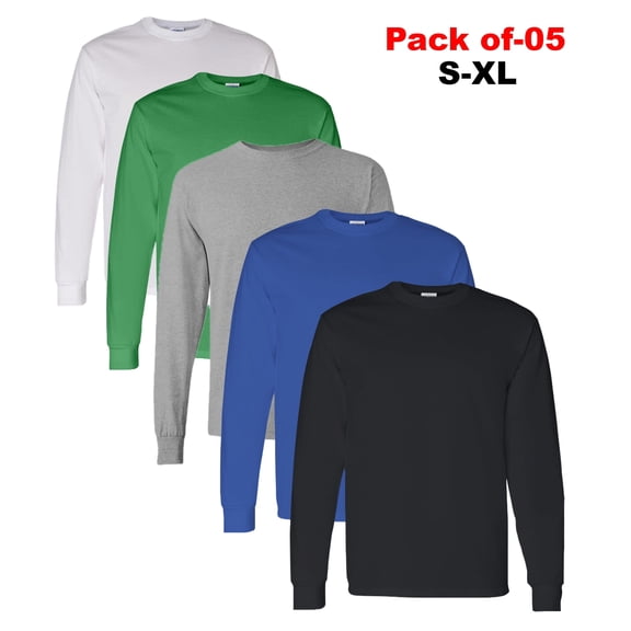 Gildan Long Sleeve T-Shirt for Men, Assorted Color Crew Neck Casual Long Tee, Bulk 5 Pack Size-S