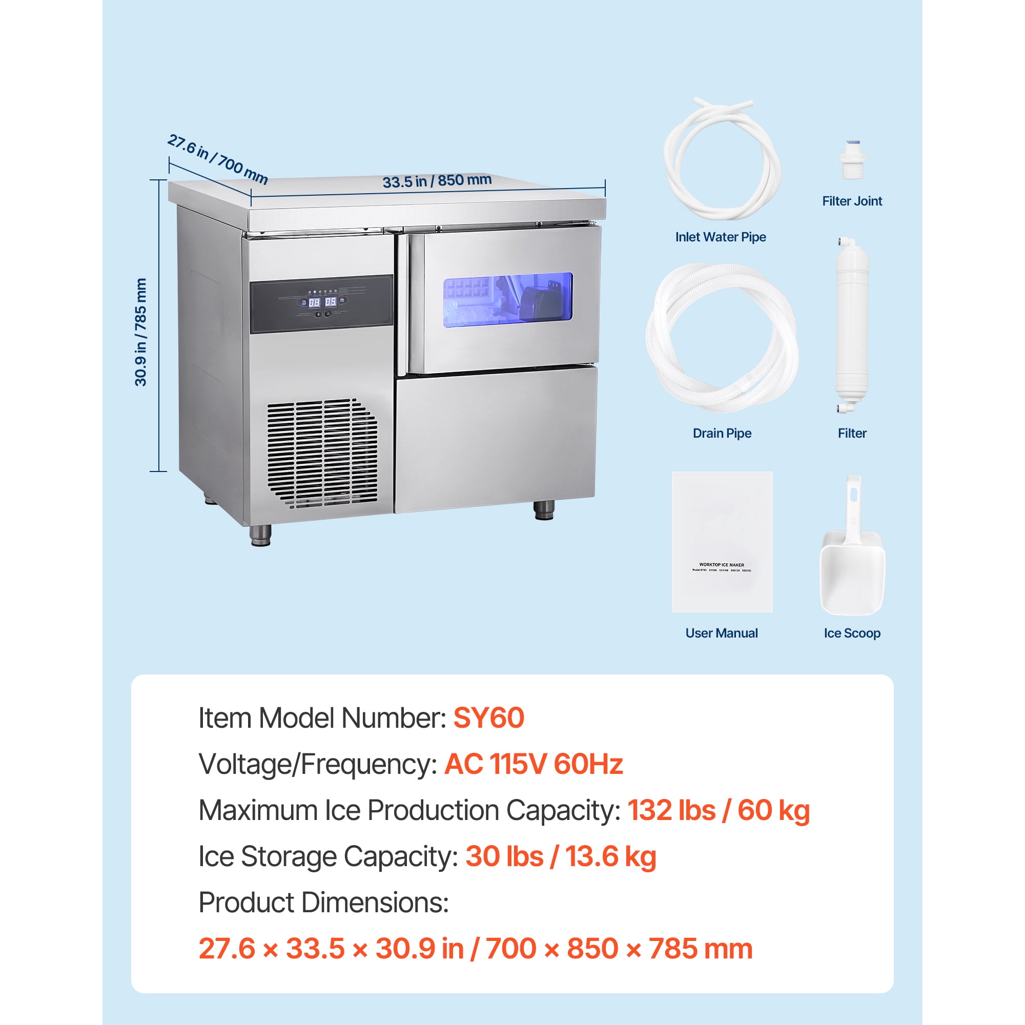 KFFKFF Commercial Ice Maker Machine, 132 lbs/24H Stainless Steel Ice Machine with Countertop, 30 lbs Storage & 70 Cubes Per Cycle, Self-Cleaning Freestanding Ice Maker for Home, Bar, Office