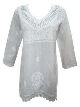 Mogul Bohemian Womens Cotton Tunic White Embroidered Ethnic Indian Kurti Dress L