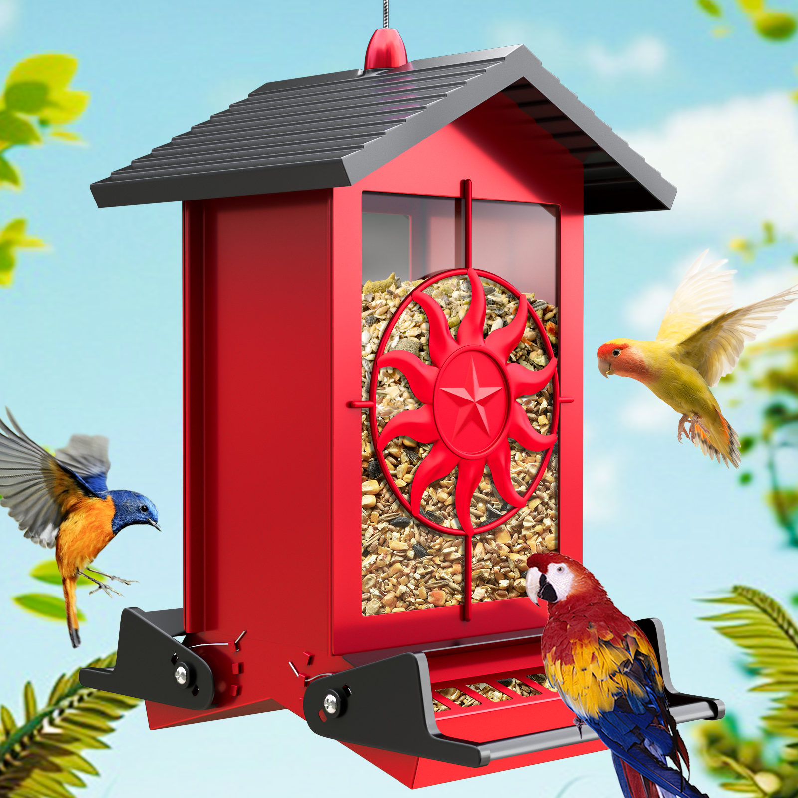 Squirrel Proof Bird Feeder for Outdoors Hanging, Metal Wild Bird Seed Feeder with Bilateral Weight-Activated Perches, 5LB Large Capacity Wild Bird Feeders for Outside Finch, Cardinal, Blue Jay