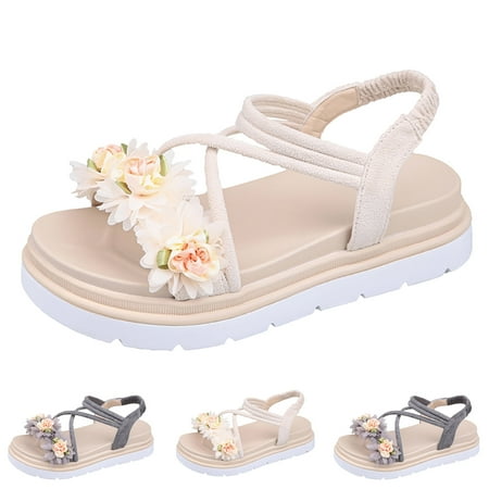 

Aayomet Sandals for Women Women Sandals Fashion Spring And Summer Flower Decoration Cute Elastic Bland Thick Bottom Flat Beige 7.5