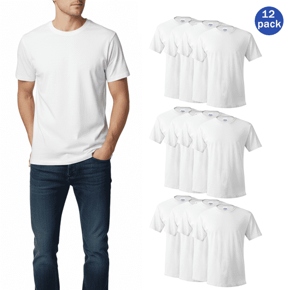 Hanes Essential Men's White T-Shirt - 100 Cotton, Short Sleeve Crew Tee - 12 Pack, Sizes XS-5XL