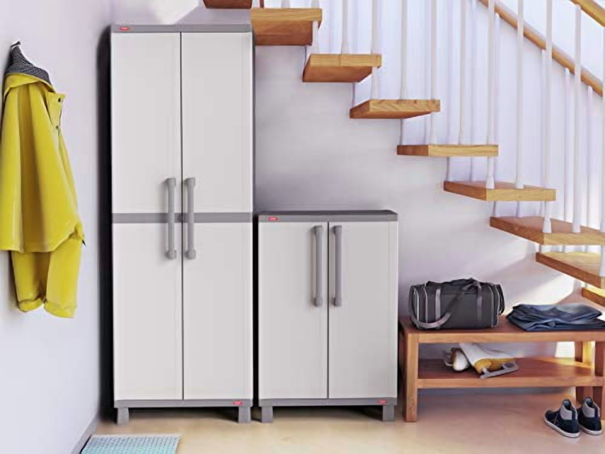 KETER Storage Cabinet with Doors and Shelves for Tool and Home Organization, White & Grey
