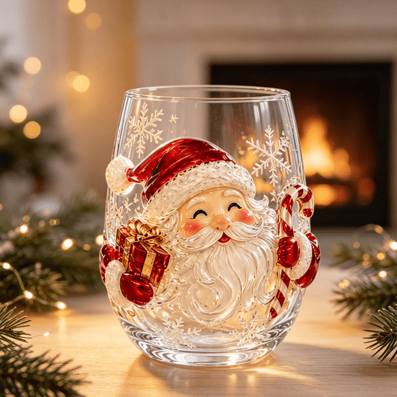 Magical Christmas 3D Glass Cup Complete 4 Design Collection Christmas Drinkware Set for Holiday Display（Santa Claus）