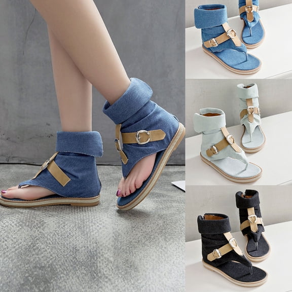 QNANSPI Women's Wedge Heel Shoes, Summer Casual Footwear for Women, Women High Top Denim Strap Toe Post Footwear With Buckle Detail Summer Fashion Flat Heel Shoes