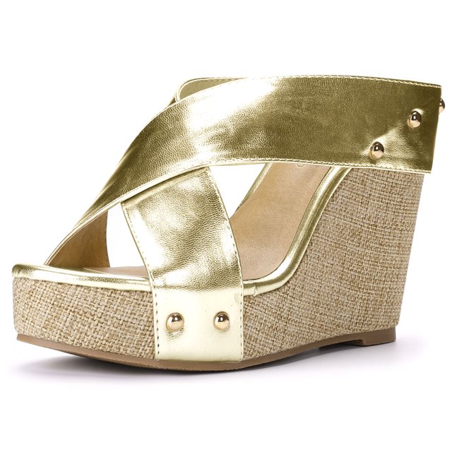 Sandalias De Cuña De Plataforma Abierta De Lino De Dedo Abierto Para Mujer Dorado-1 36