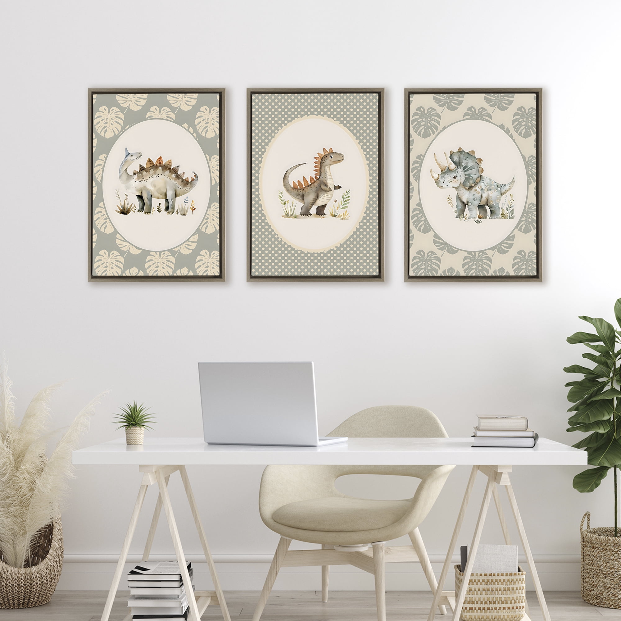 Stupell Industries Nursery Dinosaurs Tropical Border 3 Piece Brown Framed Floater Canvas Set, design by LSR Design Studio